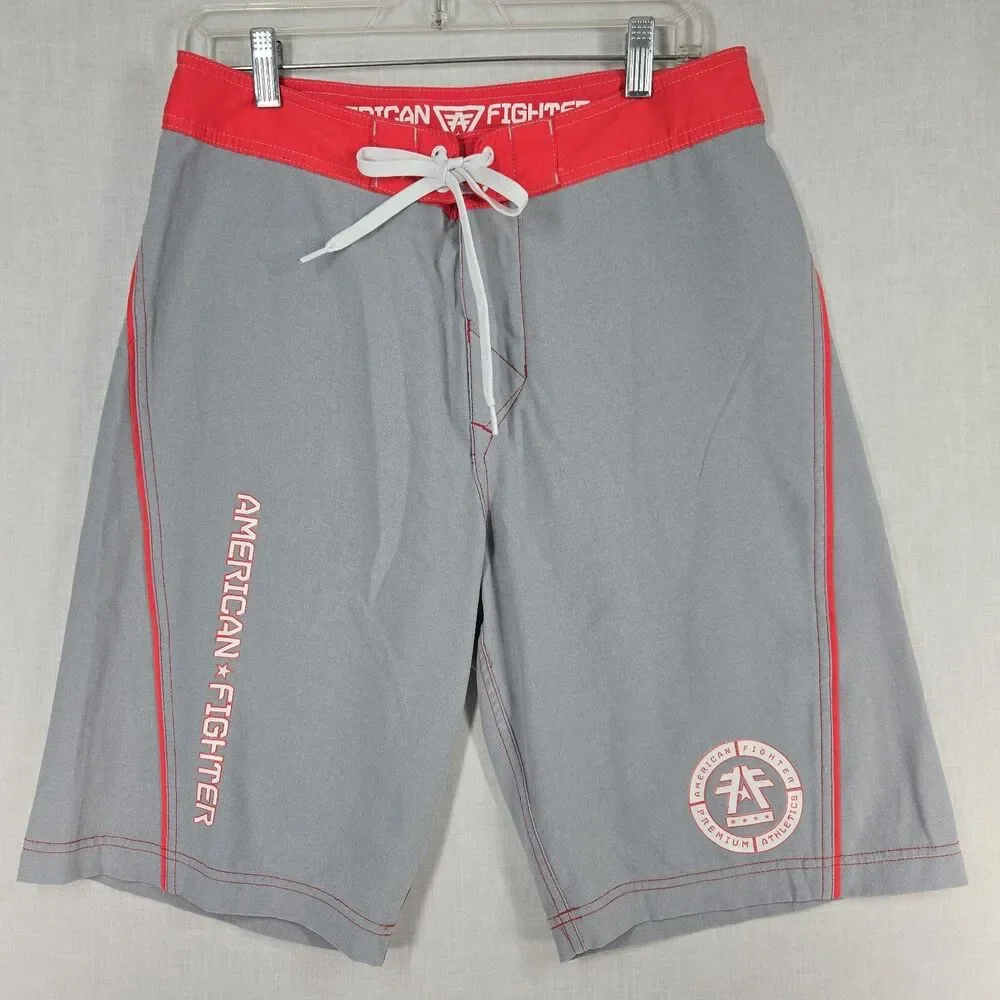 American Fighter Board Shorts MMA Gray Red Mens Size 30 Fight Athletic Surf Swim